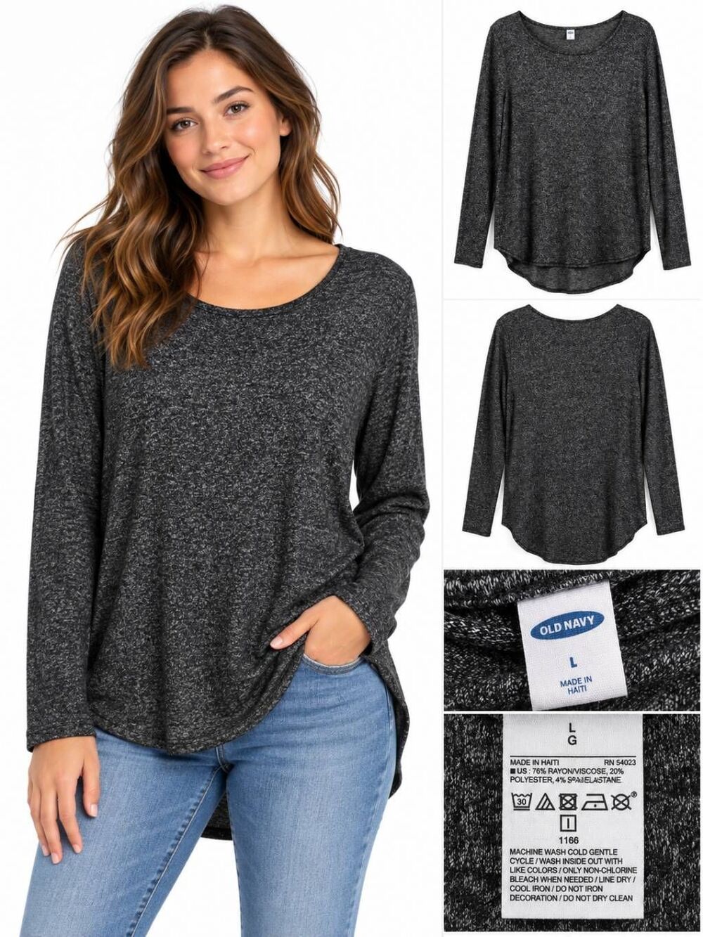 Old Navy L Charcoal Marled High Low Long Sleeve Top